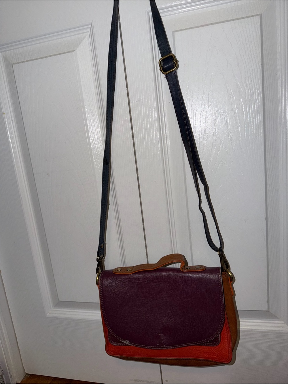 Colorblock Leather Crossbody Bag in Burgundy, Orange and Tan